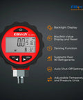 PG-30Pro Digital High Pressure Gauge For HVAC And Refrigeration, 87 Refrigerants, 14.5 To 800 PSI, 1 8 NPT, Temperature-Compensated Sensor, Blue Backlit LCD Display For Precise Readings.