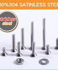 Hella Durable 4-40 Phillips Flat Head Machine Screws And Hex Nuts Assortment Kit Featuring 260 Pieces Of 304 Stainless Steel Countersunk Fasteners With Locking Washers showing various lengths of screws and a hex nut.