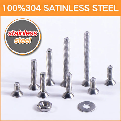 Hella Durable 4-40 Phillips Flat Head Machine Screws And Hex Nuts Assortment Kit Featuring 260 Pieces Of 304 Stainless Steel Countersunk Fasteners With Locking Washers showing various lengths of screws and a hex nut.