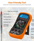 Digital Multimeter With Backlit LCD Your Everyday Volt Meter And Ammeter Ohm Meter Circuit Checker For Continuity Diodes Transistors AC DC Voltage Resistance Current Portable Car Battery Tester With Test Leads shown with backlit display and test leads.
