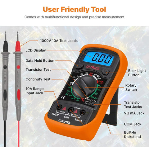 Digital Multimeter With Backlit LCD Your Everyday Volt Meter And Ammeter Ohm Meter Circuit Checker For Continuity Diodes Transistors AC DC Voltage Resistance Current Portable Car Battery Tester With Test Leads shown with backlit display and test leads.