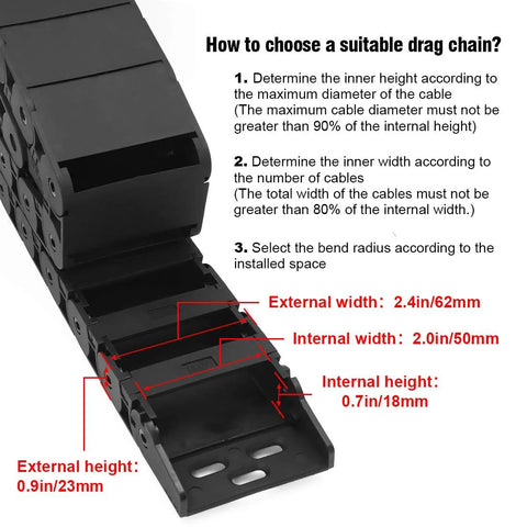R38 18mm By 50mm Semi Enclosed Drag Chain Cable Carrier for CNC Machines shown with sizing guide and installation tips.