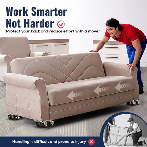 Man using Heavy Duty Furniture Moving Dolly With Reinforced Steel Panel 360 Degree Swivel And Top Brake With Wheels for sofa