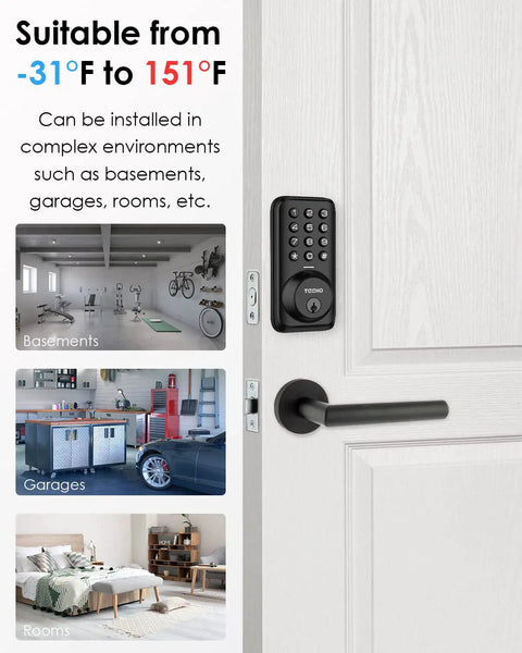 Keypad Door Lock With Keyless Entry Electronic Lock For Home Security Programmable 20 Access Codes And A One Time Guest Code Auto Lock Smart Lock For No Key Hassle Easy Safe Entry And Family Use installed on a wooden door, showing compatibility in basements, garages, and rooms, suitable for diverse environments.