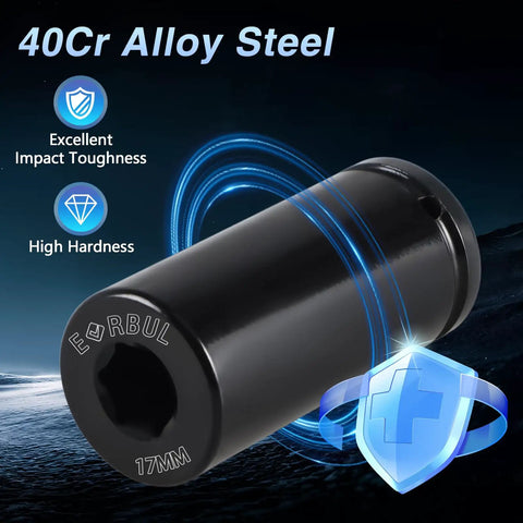Close-up of 17mm 1/2 Inch Drive Harmonic Balancer Socket Built Tough Heavy Duty Deep Well 6 Point Impact Socket for Crank Bolts.