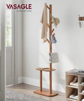 Freestanding Coat Rack With Eight Hooks And Storage Shelf, Tall Hallway Organizer for Coats Hats Bags, Caramel Brown in room corner