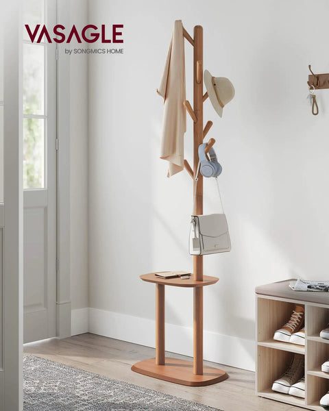Freestanding Coat Rack With Eight Hooks And Storage Shelf, Tall Hallway Organizer for Coats Hats Bags, Caramel Brown in room corner