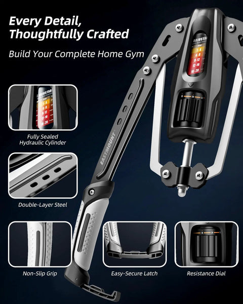EAST Mount Twister Arm Exerciser Get Ripped With Adjustable Hydraulic Resistance Up To Four Hundred Forty Pounds showing hydraulic cylinder and grips.