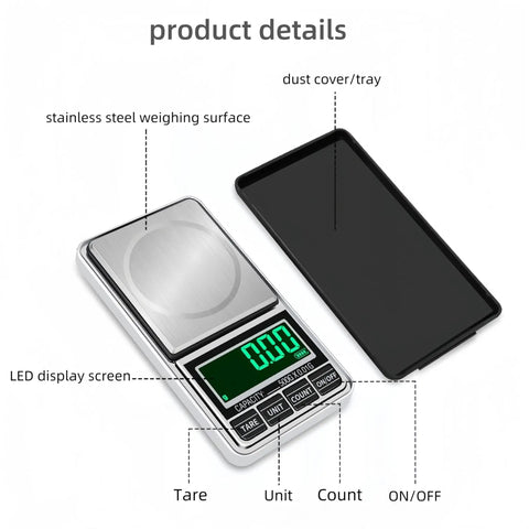 Pocket Scale Digital Jewelry Scale 500g 0.01g Accuracy USB Rechargeable with LED display and dust cover.