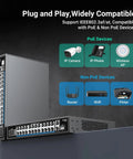 Front view of 24 Port Gigabit PoE Switch With 300W Budget, 24 PoE Plus Ports Up To 30W Each, shown with compatible PoE devices like IP cameras.