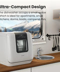 Slick Countertop Dishwasher With Built In Six Liter Water Tank, Portable Mini Cleaning Station Featuring Seven Custom Wash Cycles UV Sanitization, Auto Open Dry Door And No Sweat Setup For Dorms, RVs Or Tiny Kitchens, White, compact design in a kitchen setting.