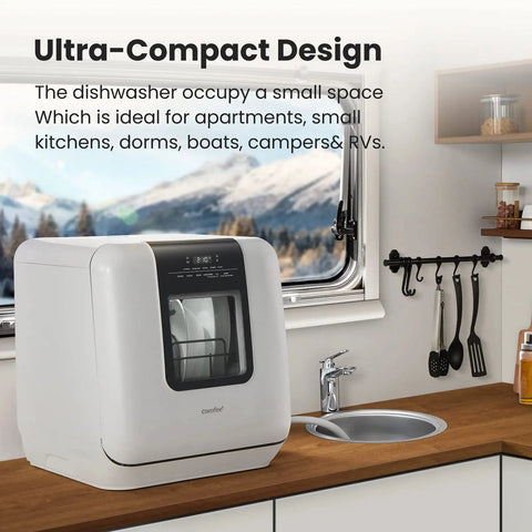 Slick Countertop Dishwasher With Built In Six Liter Water Tank, Portable Mini Cleaning Station Featuring Seven Custom Wash Cycles UV Sanitization, Auto Open Dry Door And No Sweat Setup For Dorms, RVs Or Tiny Kitchens, White, compact design in a kitchen setting.
