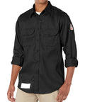 Tough As Nails Heavy Duty Flame Resistant Work Shirt 6 Oz Cotton Nylon Blend Regular Fit Button Down NFPA 2112 Compliant in black.