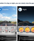 Day and night view of triple gauge car dash kit with oil, water, and voltmeter gauges for accurate car monitoring.