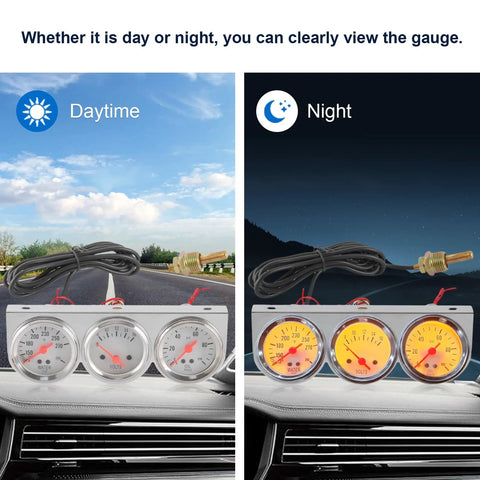 Day and night view of triple gauge car dash kit with oil, water, and voltmeter gauges for accurate car monitoring.