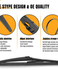 Heavy Twelve Inch Rear Windshield Wiper Blade Replacement For Toyota Rav4 Highlander Sienna Dodge Durango Jeep Grand Cherokee Lexus Nxs close-up showing plastic skeleton and strong spring design.