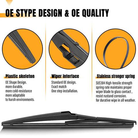 Heavy Twelve Inch Rear Windshield Wiper Blade Replacement For Toyota Rav4 Highlander Sienna Dodge Durango Jeep Grand Cherokee Lexus Nxs close-up showing plastic skeleton and strong spring design.