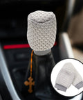 Get That Fresh And Breezy Fit With This Super Durable Gear Shift Knob Cover Kit Plus Breathable Brake Handle Grip Sleeve Made For Ultimate Comfort And Long lasting Style In Your Ride. Gray knitted gear shift knob cover and brake handle grip sleeve on car lever