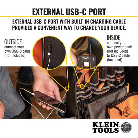 Person using USB-C port on Tool Backpack Station Pro Heavy Duty Organizer with 27 Pockets for charging device.