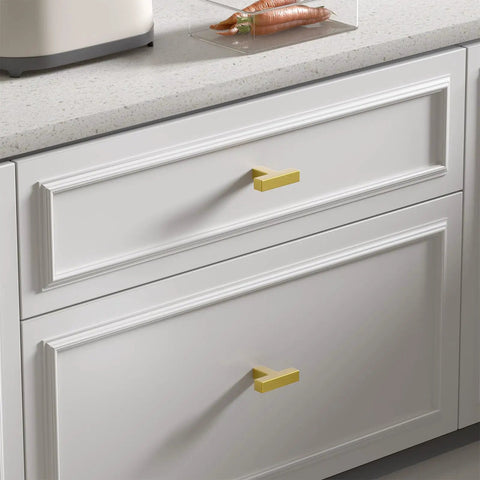 Brushed Brass Cabinet Knobs And Single Hole Drawer Pulls, 2 Inch Length, 10 Pack, With Screws Included In 1 Inch And 1.77 Inch For Cabinets And Furniture, Easy Install on white drawers