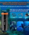 Ultra Bright 5000 Lumens Cordless Dive Light With 9 Degree Focused Beam Four Modes Magnetic Charging 150 Meter Waterproof Flashlight With Battery Indicator For Wreck Night Cave Diving shown with accessories against blue background.