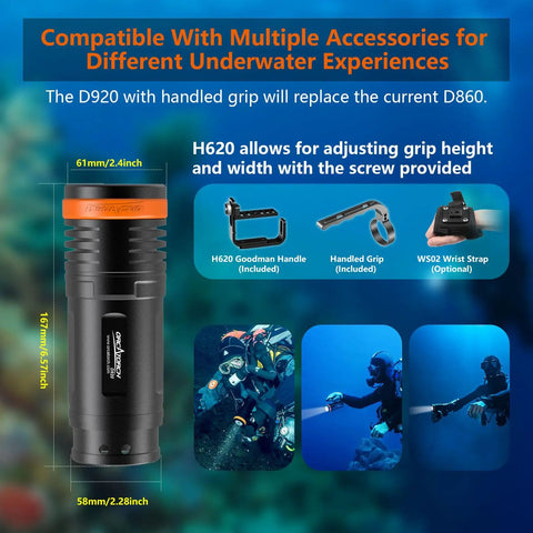 Ultra Bright 5000 Lumens Cordless Dive Light With 9 Degree Focused Beam Four Modes Magnetic Charging 150 Meter Waterproof Flashlight With Battery Indicator For Wreck Night Cave Diving shown with accessories against blue background.