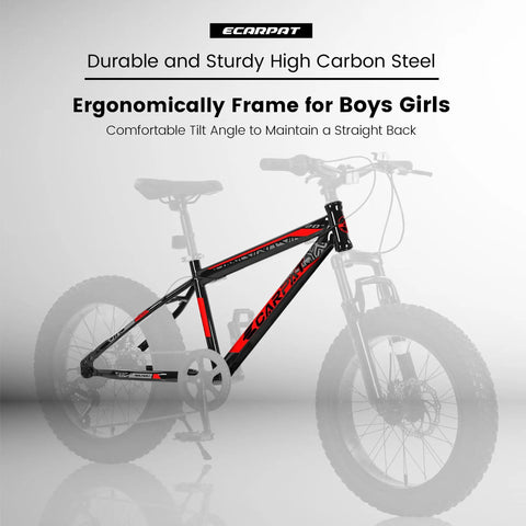 Black-Red Fat Tire Kids Mountain Bike With 20X4 Inch Fat Tires Dual Disc Brakes Front Suspension 7 Speed for Boys and Girls