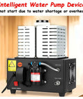 Close-up of an intelligent water pump device with labels, power switch, and metallic casing on a wooden background.