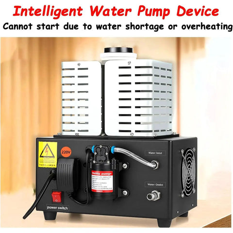 Close-up of an intelligent water pump device with labels, power switch, and metallic casing on a wooden background.