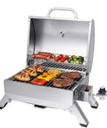 Stainless Steel Portable Tabletop Gas Grill With 10000 BTU Power, 285 Square Inches Of Cooking Space, Folding Legs, Lockable Lid, Ideal For Camping, Tailgating, Deck Or Patio, Silver with open lid grilling meats and vegetables