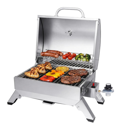 Stainless Steel Portable Tabletop Gas Grill With 10000 BTU Power, 285 Square Inches Of Cooking Space, Folding Legs, Lockable Lid, Ideal For Camping, Tailgating, Deck Or Patio, Silver with open lid grilling meats and vegetables