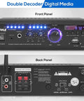 Front and back panels of Dope Bluetooth Stereo Amplifier Receiver Delivers 2 X 120W Power For Home Audio with controls and connections