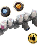 Top Notch OEM Water Inlet Valve Replacement For LG And Kenmore Washers with close-up of colored filter screens and thumbs-up badge