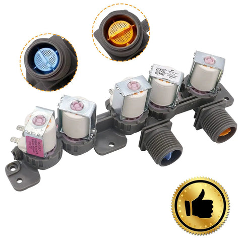 Top Notch OEM Water Inlet Valve Replacement For LG And Kenmore Washers with close-up of colored filter screens and thumbs-up badge
