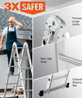 7 In 1 Folding Aluminum Ladder Multi Purpose Extension Scaffold Leaning Stepladder Heavy Duty With EN 131 Standard 12.5 Feet Folds To Compact 40.5 By 11 By 23.5 Inches For Easy Storage And Versatile Height, showing non-slip step and balance bar