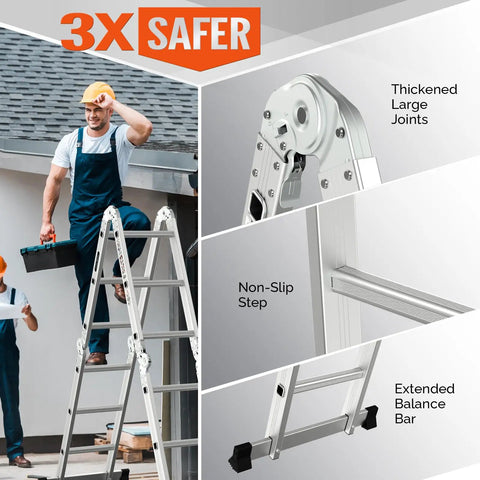 7 In 1 Folding Aluminum Ladder Multi Purpose Extension Scaffold Leaning Stepladder Heavy Duty With EN 131 Standard 12.5 Feet Folds To Compact 40.5 By 11 By 23.5 Inches For Easy Storage And Versatile Height, showing non-slip step and balance bar