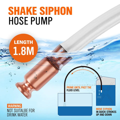 Siphon hose pump with copper body and white tubing, 1.8 m long.