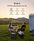 Two people camping with Portable Power Station With 2048Wh LiFePO4 Battery, Expandable To 8192Wh, next to RV at sunset.
