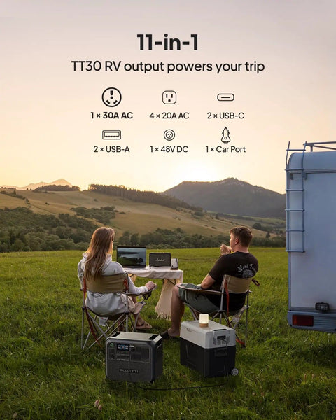 Two people camping with Portable Power Station With 2048Wh LiFePO4 Battery, Expandable To 8192Wh, next to RV at sunset.