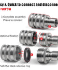 Heavy Duty Stainless Steel Garden Hose Quick Connect Fittings Three Quarter Inch GHT 2 Pack No Tools Required Leak Free Quick Connectors showing assembly steps