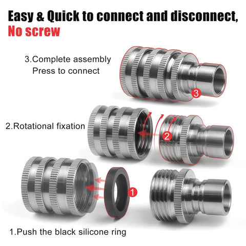 Heavy Duty Stainless Steel Garden Hose Quick Connect Fittings Three Quarter Inch GHT 2 Pack No Tools Required Leak Free Quick Connectors showing assembly steps