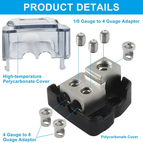 2 Way Car Audio Power Distribution Block With Dual Outputs From 0 2 4 Gauge In To 4 6 10 Gauge Out, Transparent Dust Cover, Built For Off Road Rigs, LED Light Bars, And Heavy Duty Vehicle Electrical Upgrades, zinc alloy block with polycarbonate cover