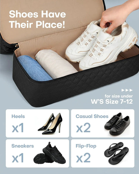 Open shoe compartment of Spacious Travel Duffel Bag For Women With Shoe Compartment And Carry On Weekender Tote, containing sneakers.