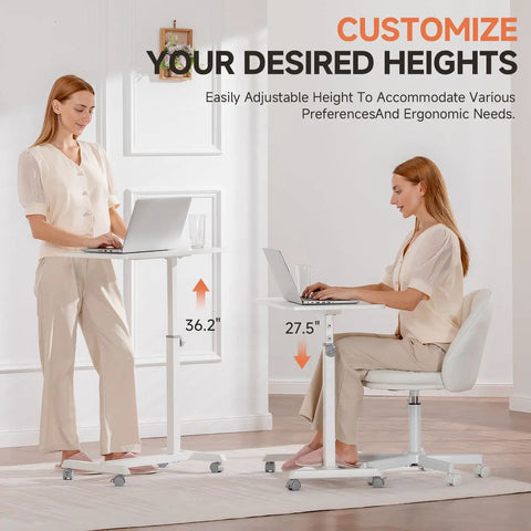 Two women using Mobile Standing Desk On Wheels, Sit Stand Laptop Table With Lockable Casters, Adjustable 7 Level Height, White