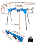 Beefy Built Tough Miter Saw Stand Supports Up To 500 Lb, Adjustable 34.5 To 88 Inch Extension, with measurements and blue design.