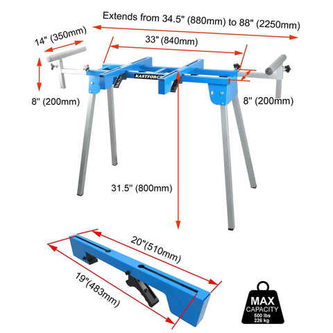Beefy Built Tough Miter Saw Stand Supports Up To 500 Lb, Adjustable 34.5 To 88 Inch Extension, with measurements and blue design.