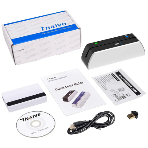 Bluetooth Card Reader and Writer Pro With USB 3 Multi Track Swipe Encoder, accessories, and packaging.