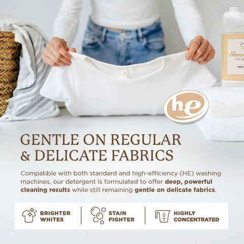 High Maintenance Glamorous Wash Detergent Bundle With Stain Remover Pen And Fresh Scent Sachet For Gentle Daily Laundry Long Lasting Fragrance That Keeps Clothes Smelling Incredible 1 Gallon, woman holding white shirt