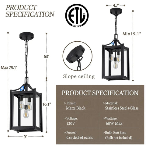 Straight Up Heavy Duty Outdoor Pendant Light With Automatic Dusk To Dawn Sensor 18.5 Inch Porch Chandelier specifications and details.