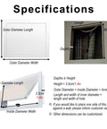 Specifications for Slick Drywall Access Panel With Magnetic Lock, White Aluminum Frame For Wall And Ceiling, various dimensions shown.